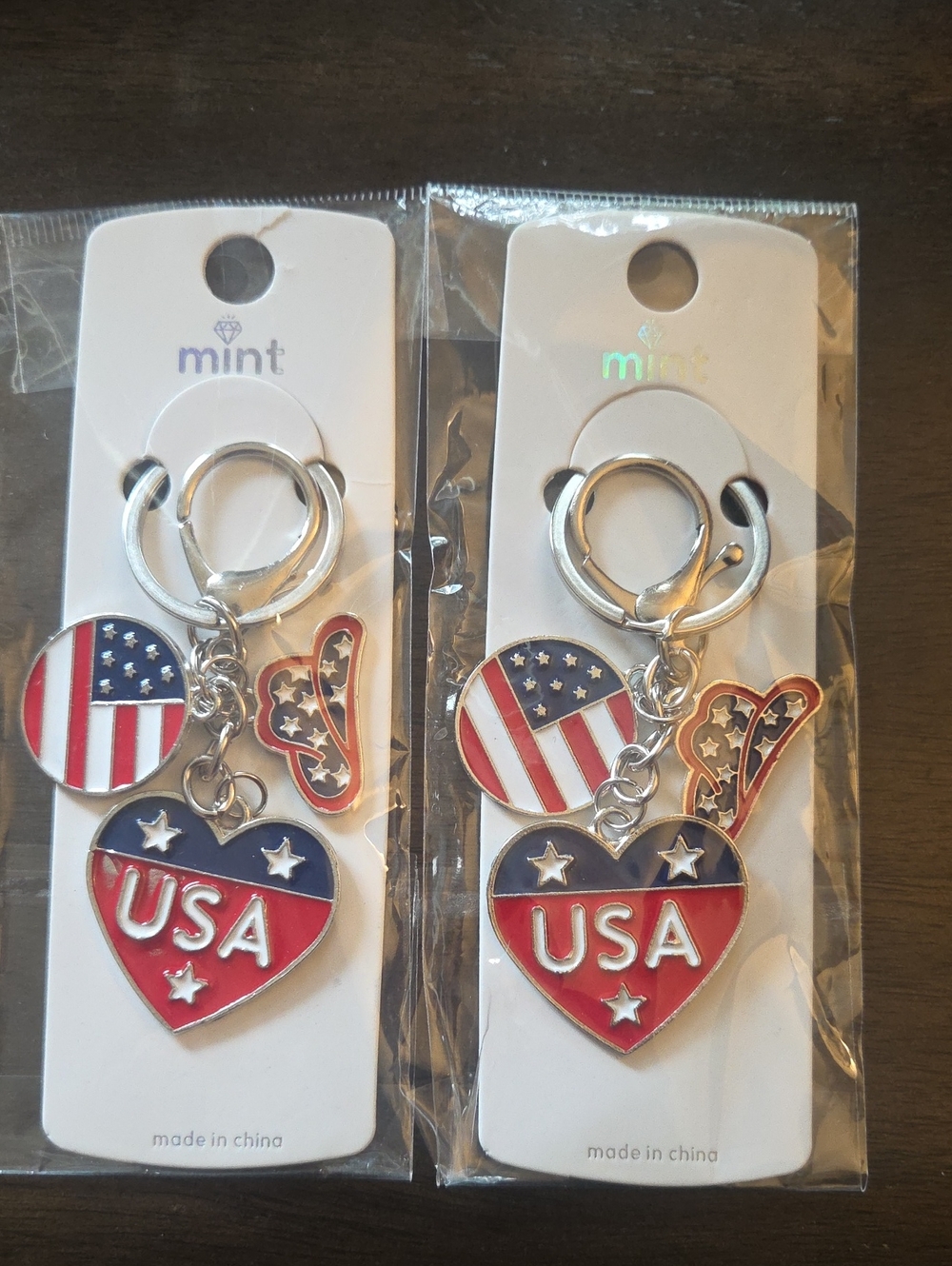 SALE! 2 - Mint Patriotic Silver Tone Heart Keychain - Red, White, Blue